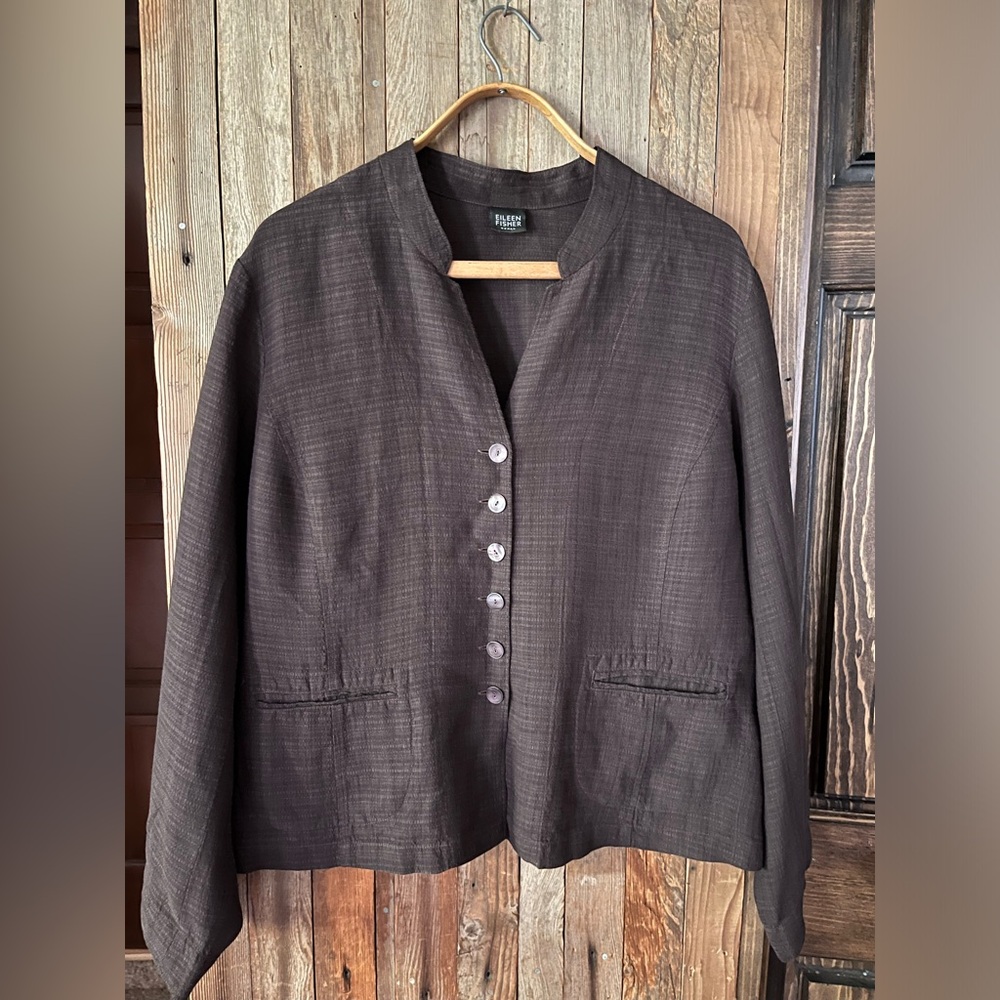 Eileen Fisher Womens Top or Jacket Button Up Viscose Linen Chocolate Brown Sz XL - Picture 3 of 4